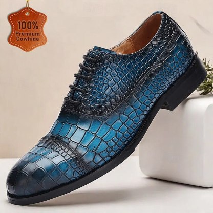 Men's Blue Crocodile Embossed Cowhide Leather Oxford Shoes-Elegant Lace-Up Dress Shoes for Formal Events and Business Wear