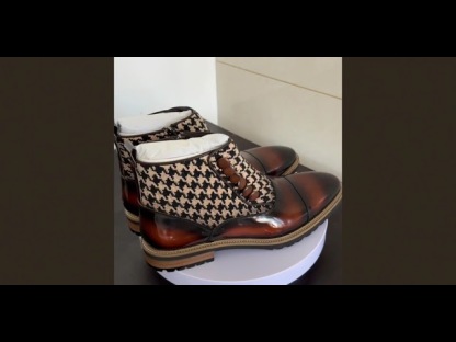 Men's Houndstooth Button Chelsea Boots, Vintage British Style Genuine Leather Patchwork Boots
