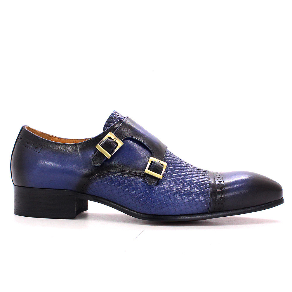 Luxury men's business casual shoes blue genuine leather double buckle monk shoes first layer cowhide pointed toe men's monk shoes