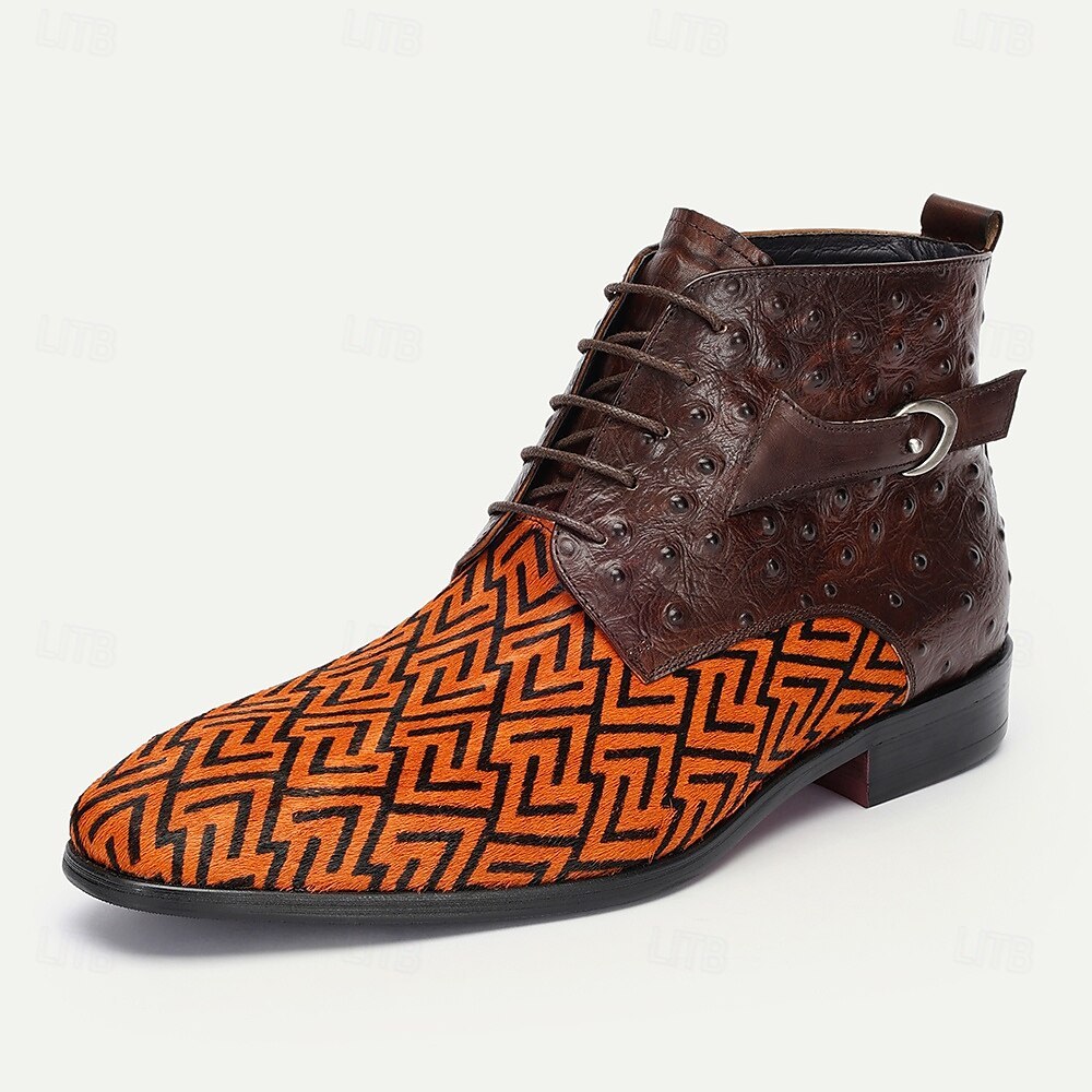 Men's Premium Cowhide Leather with Pony Hair Ankle Boots Geometric Pattern