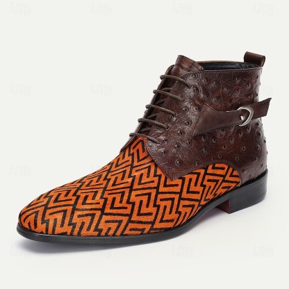 Men's Premium Cowhide Leather with Pony Hair Ankle Boots Geometric Pattern