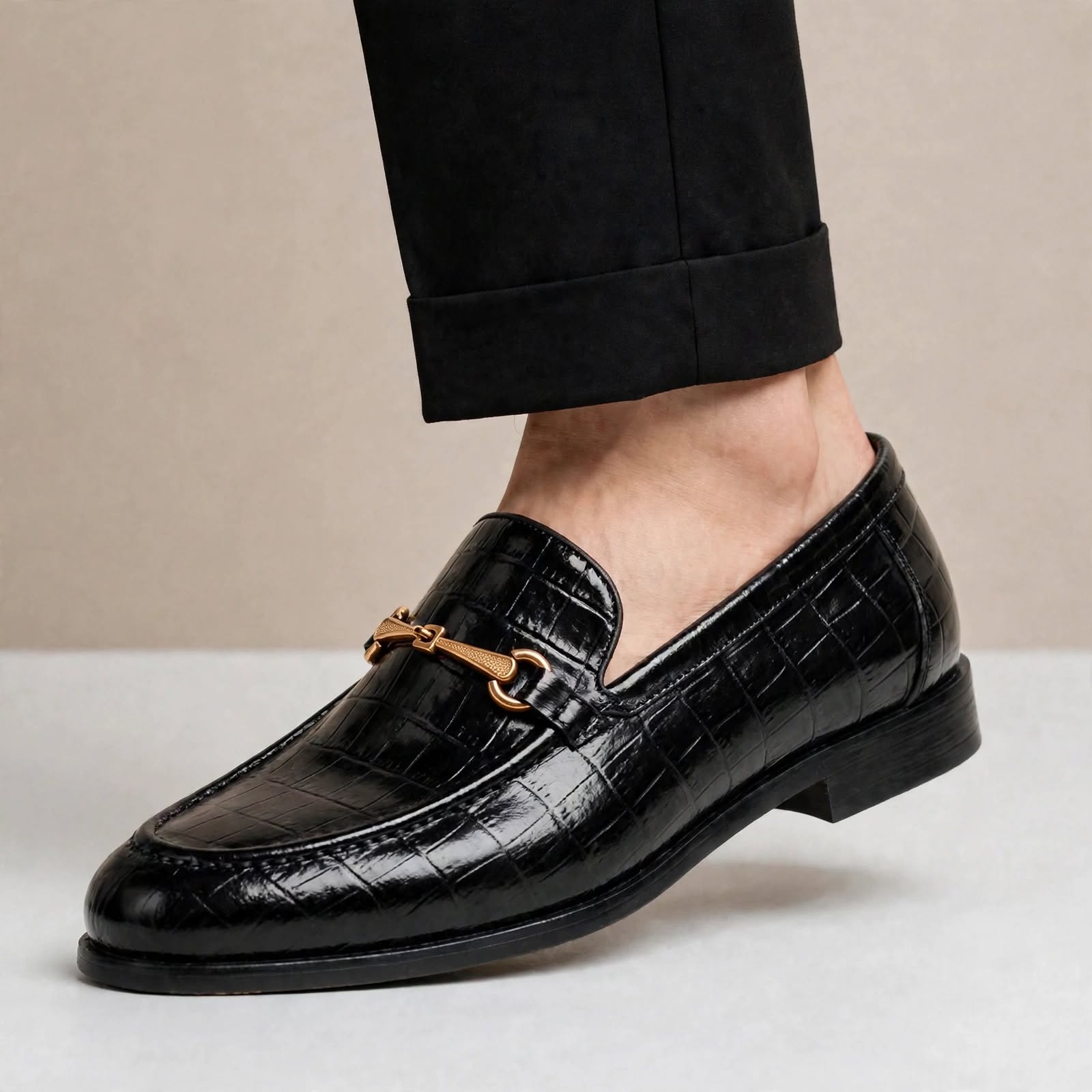 Men’s Crocodile Embossed Loafers with Gold Buckle – Multi-Color Dress Shoes