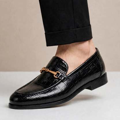 Men’s Crocodile Embossed Loafers with Gold Buckle – Multi-Color Dress Shoes