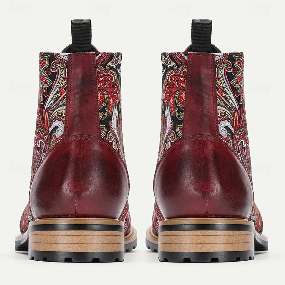 Men’s Premium Leather Floral Oxford Boots Vintage Paisley Design