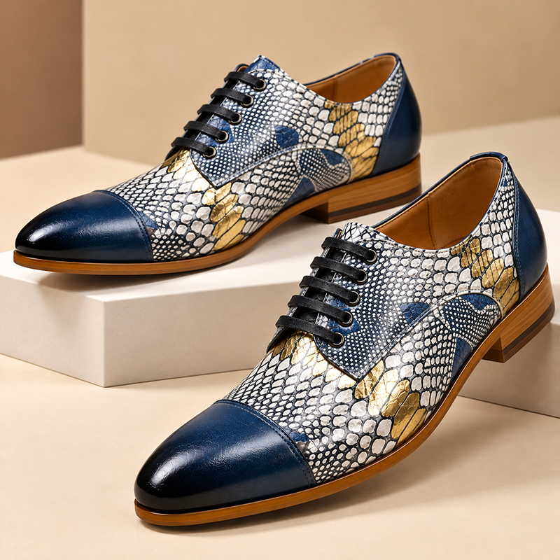 Men's Cowhide Snake Print Patchwork Oxford Shoes