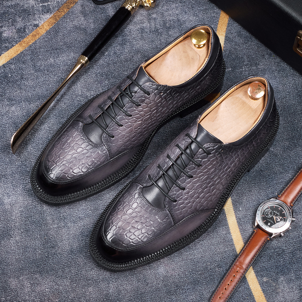 Men's top-grain cowhide crocodile pattern embossed business casual leather shoes Oxford shoes