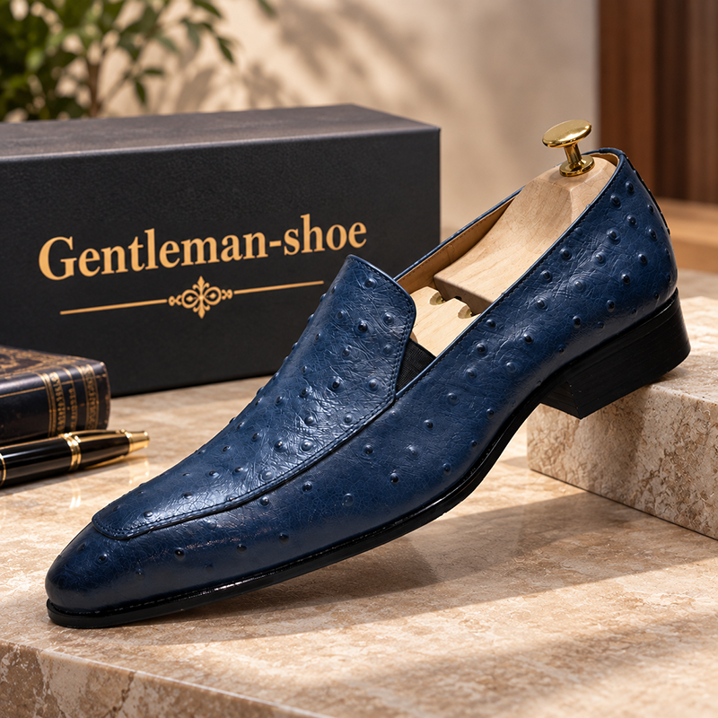 2026 new blue ostrich pattern light luxury leather loafers