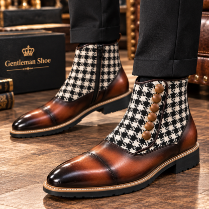 Men's Houndstooth Button Chelsea Boots, Vintage British Style Genuine Leather Patchwork Boots