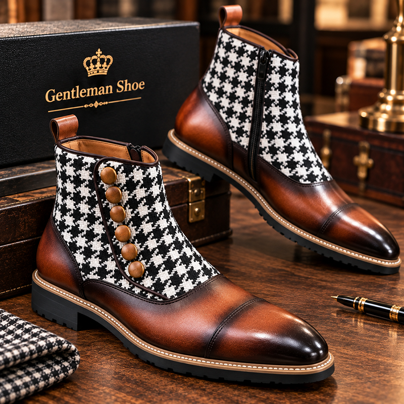 Men's Houndstooth Button Chelsea Boots, Vintage British Style Genuine Leather Patchwork Boots