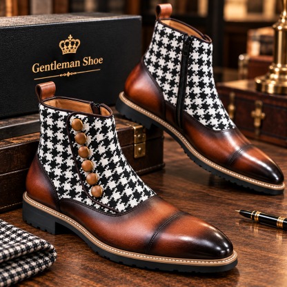 Men's Houndstooth Button Chelsea Boots, Vintage British Style Genuine Leather Patchwork Boots