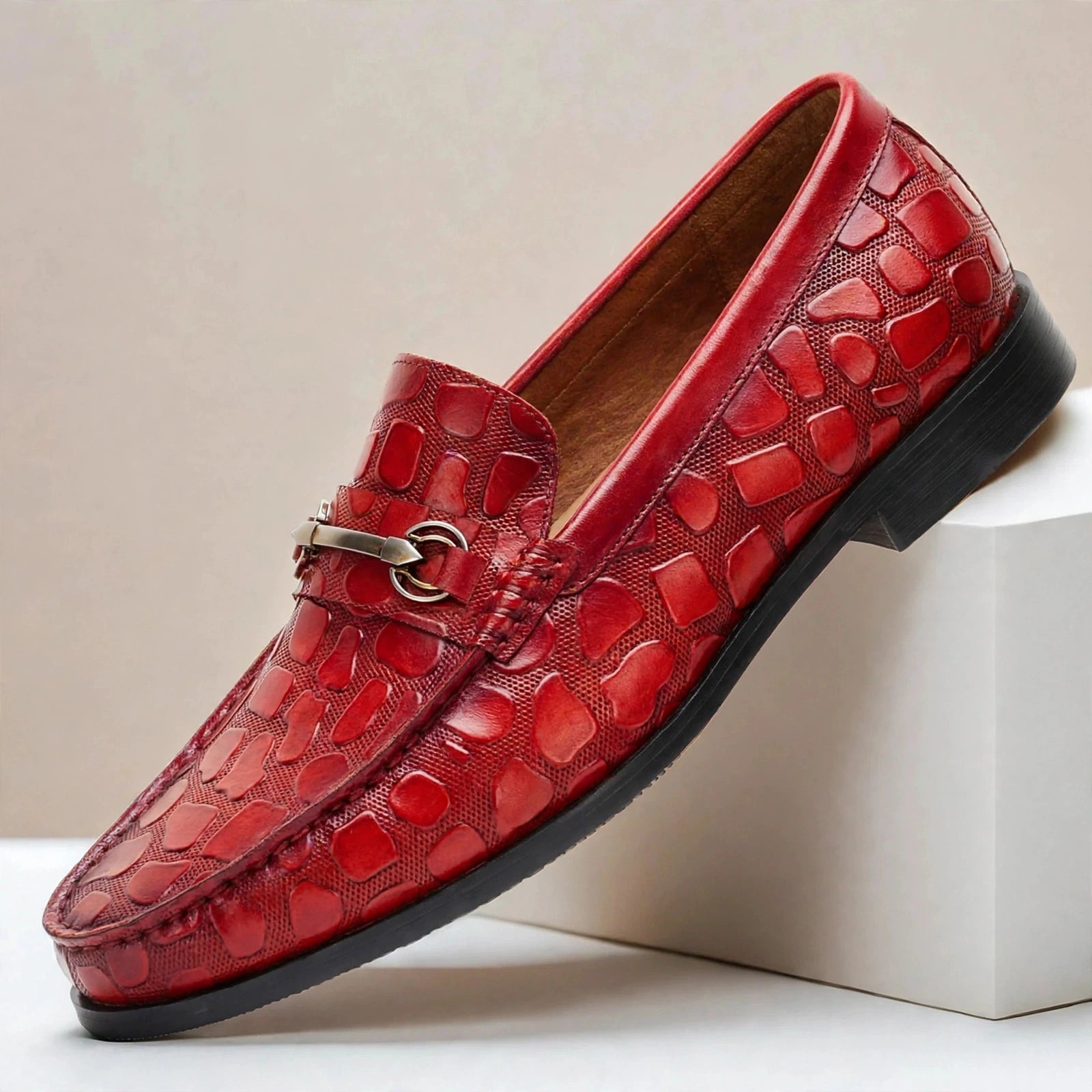 Men’s Crocodile Embossed Loafers with Gold Buckle – Multi-Color Dress Shoes