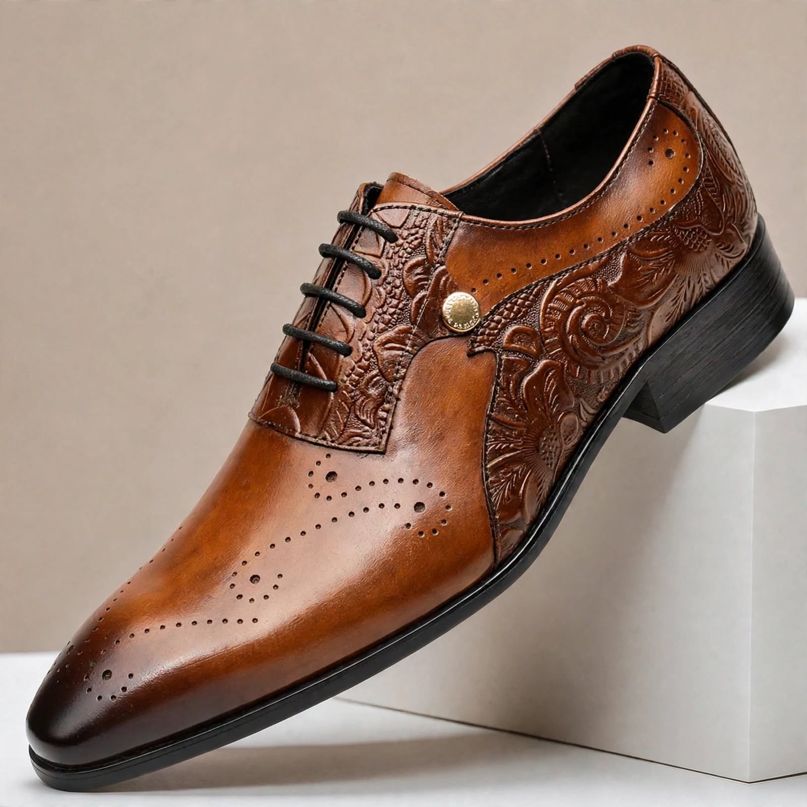 Men’s Embossed Lace-Up Dress Shoes – Elegant Brogue Style, Multiple Colors