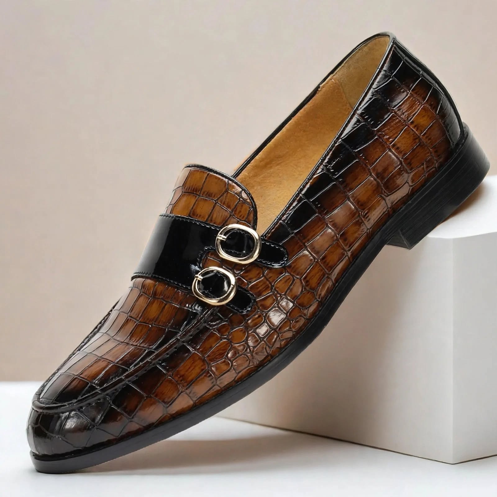 Men’s Double Buckle Embossed Loafers – Elegant Slip-On Dress Shoes, Multiple Colors