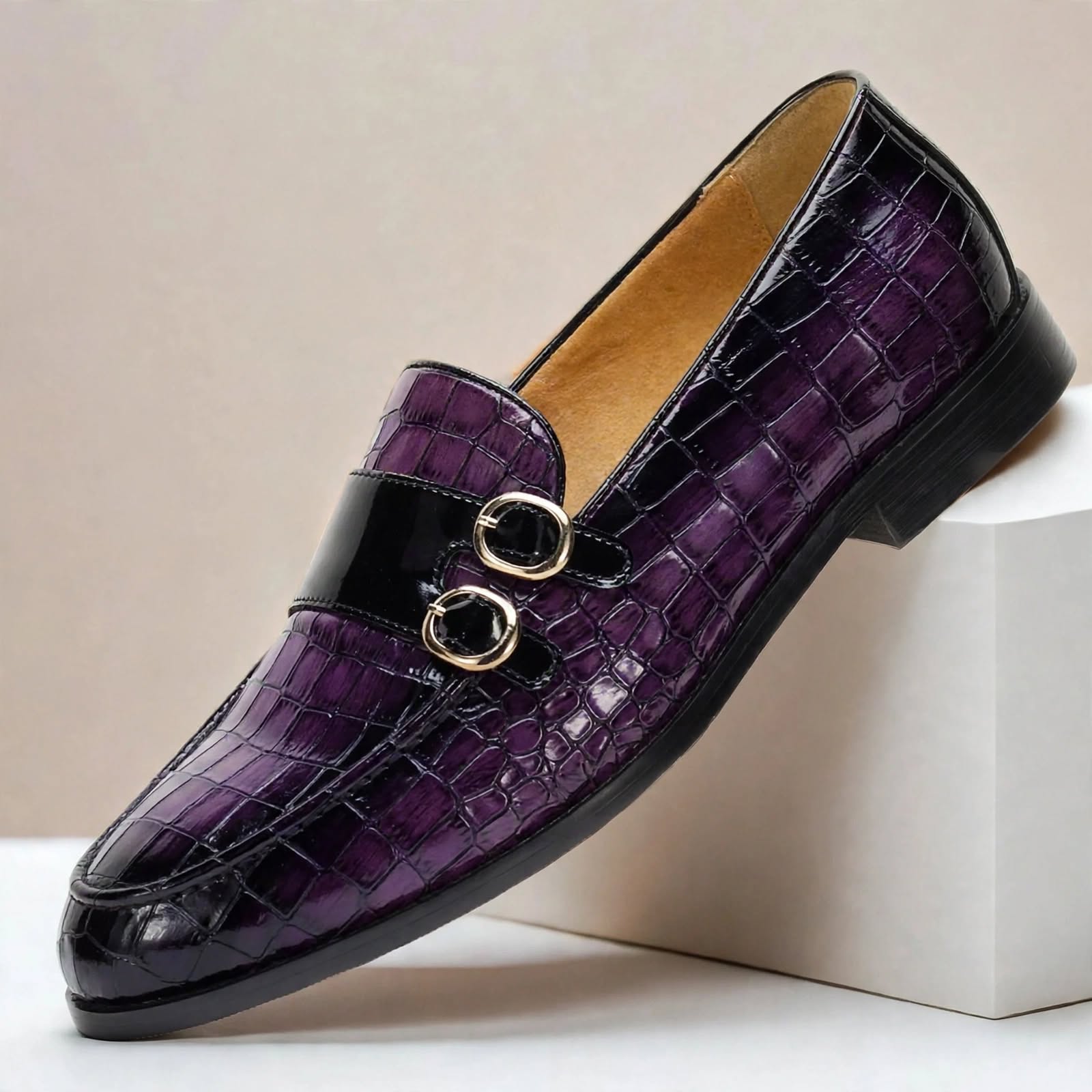 Men’s Double Buckle Embossed Loafers – Elegant Slip-On Dress Shoes, Multiple Colors