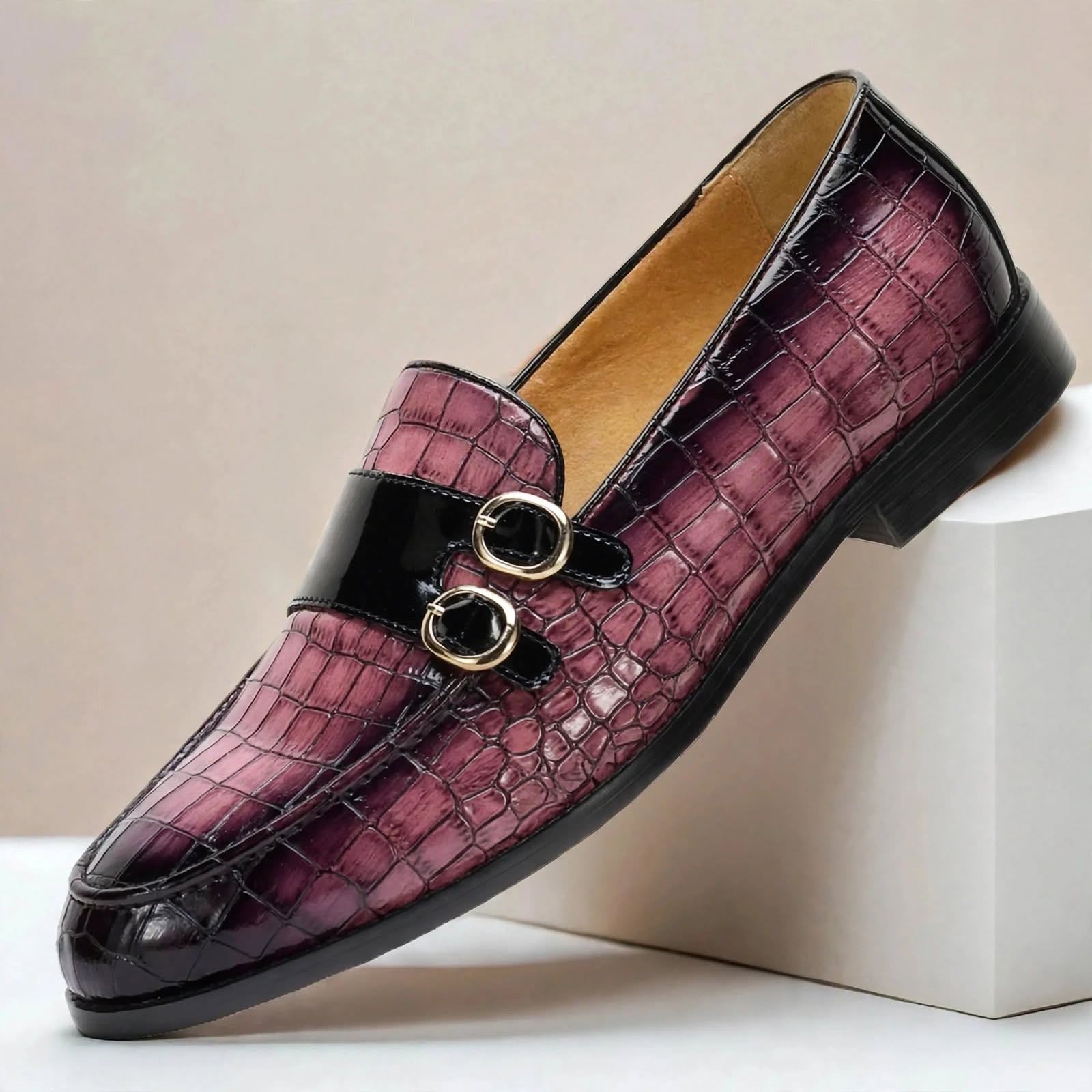Men’s Double Buckle Embossed Loafers – Elegant Slip-On Dress Shoes, Multiple Colors