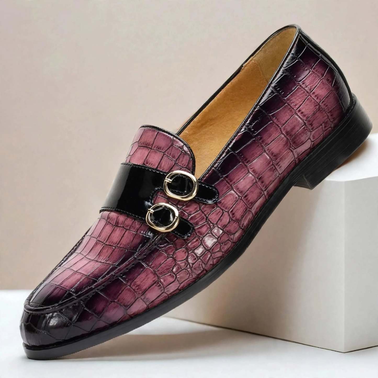 Men’s Double Buckle Embossed Loafers – Elegant Slip-On Dress Shoes, Multiple Colors