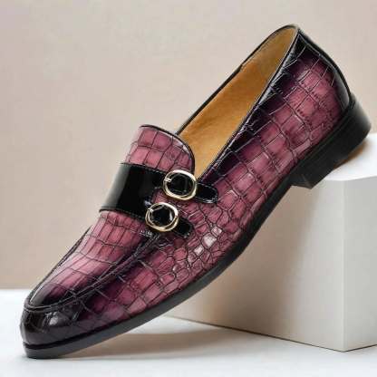 Men’s Double Buckle Embossed Loafers – Elegant Slip-On Dress Shoes, Multiple Colors