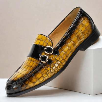 Men’s Double Buckle Embossed Loafers – Elegant Slip-On Dress Shoes, Multiple Colors
