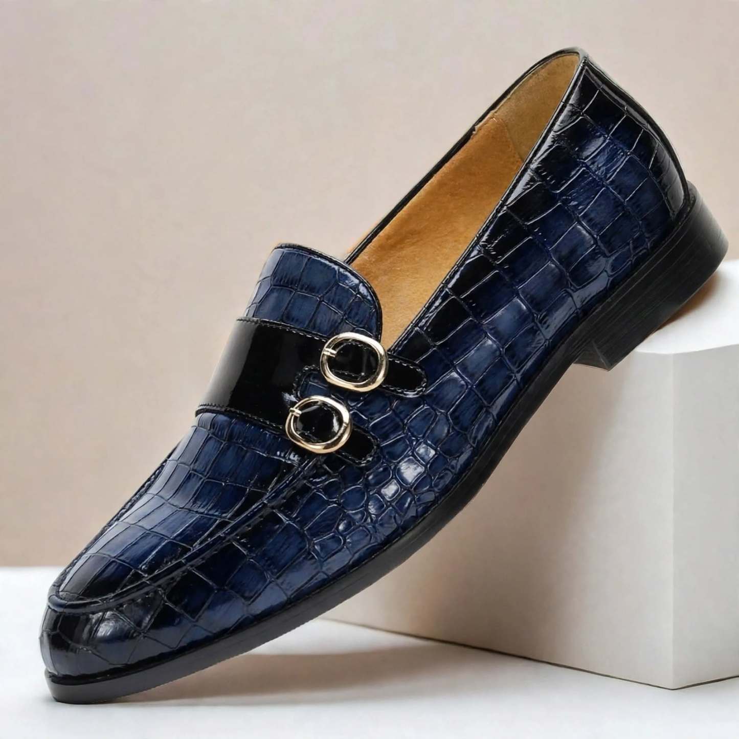 Men’s Double Buckle Embossed Loafers – Elegant Slip-On Dress Shoes, Multiple Colors