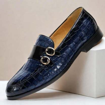 Men’s Double Buckle Embossed Loafers – Elegant Slip-On Dress Shoes, Multiple Colors