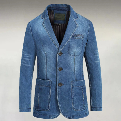 Men's Casual Denim Notch Lapel Patch Pockets Three Button Long Sleeve Blazer