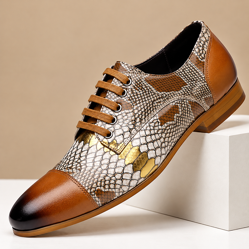 Men's Cowhide Snake Print Patchwork Oxford Shoes