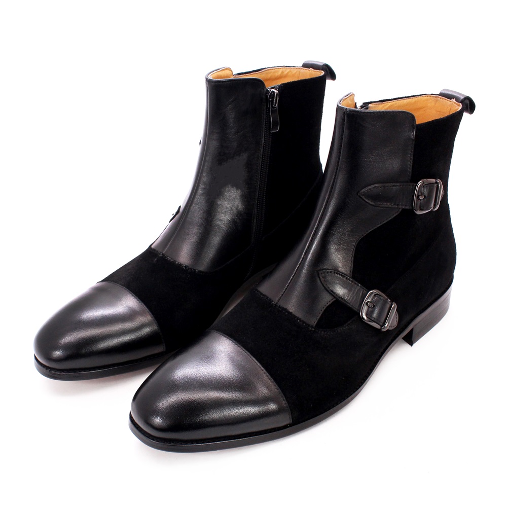 Men's Black Suede & Leather Double-Buckle Chelsea Boots - Sleek Formal Casual Ankle Boots