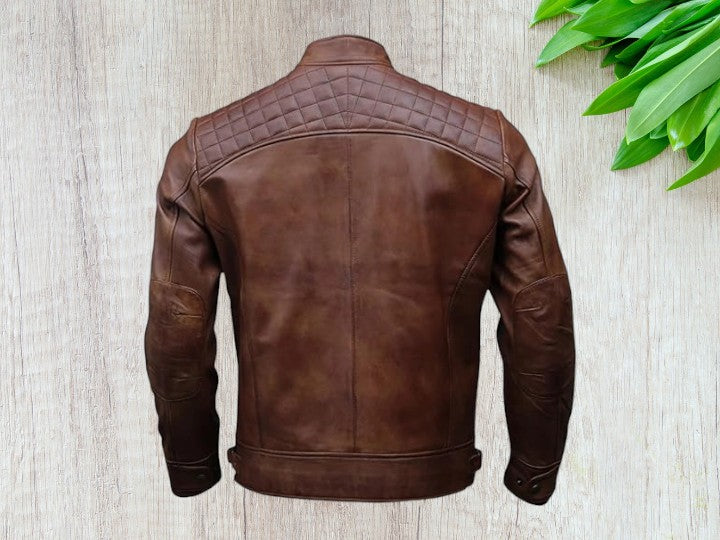Men Vintage Brown Leather Motorcycle Jacket, Zipper Jacket,