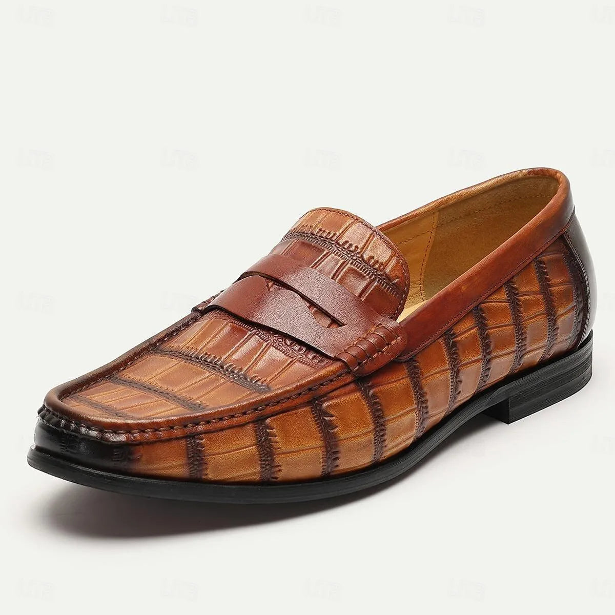 Men's Brown Crocodile Print Leather Penny Loafers