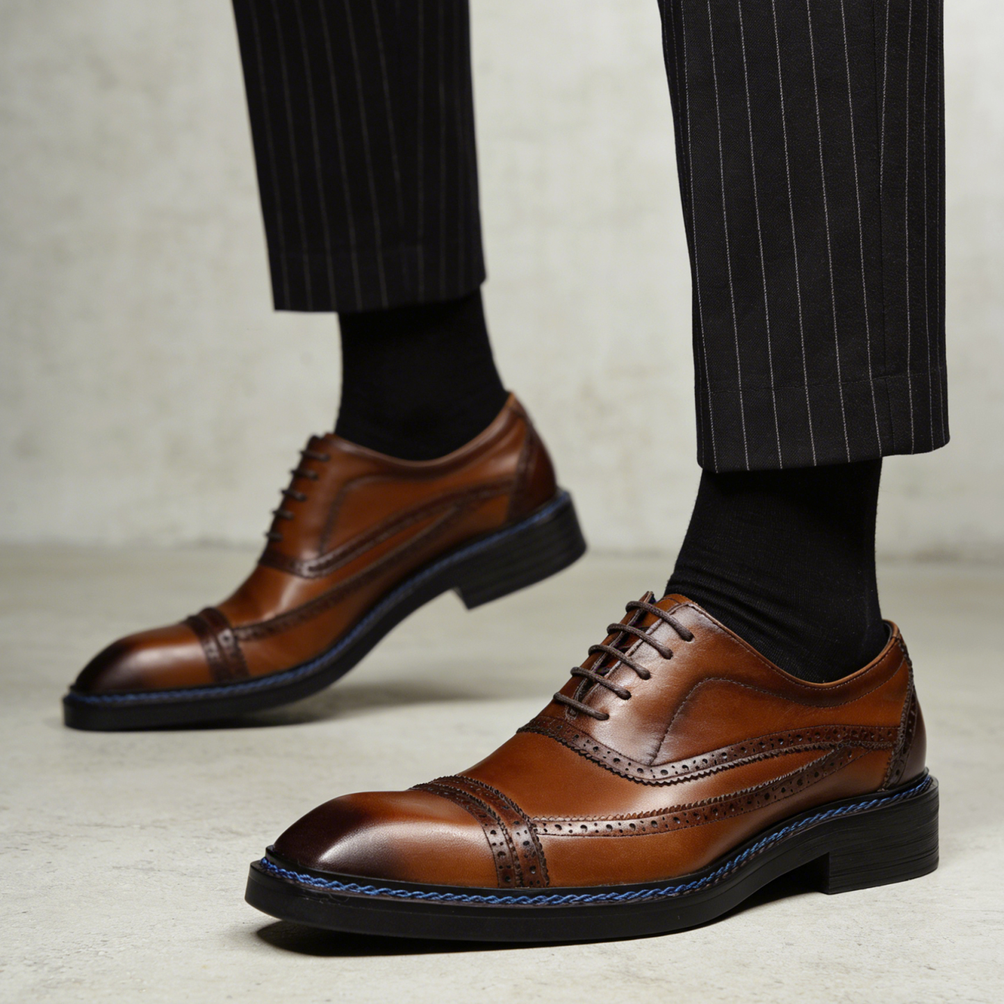 2026 British Style Cap-Toe Brogue Leather Dress Shoes with Blue Stitching