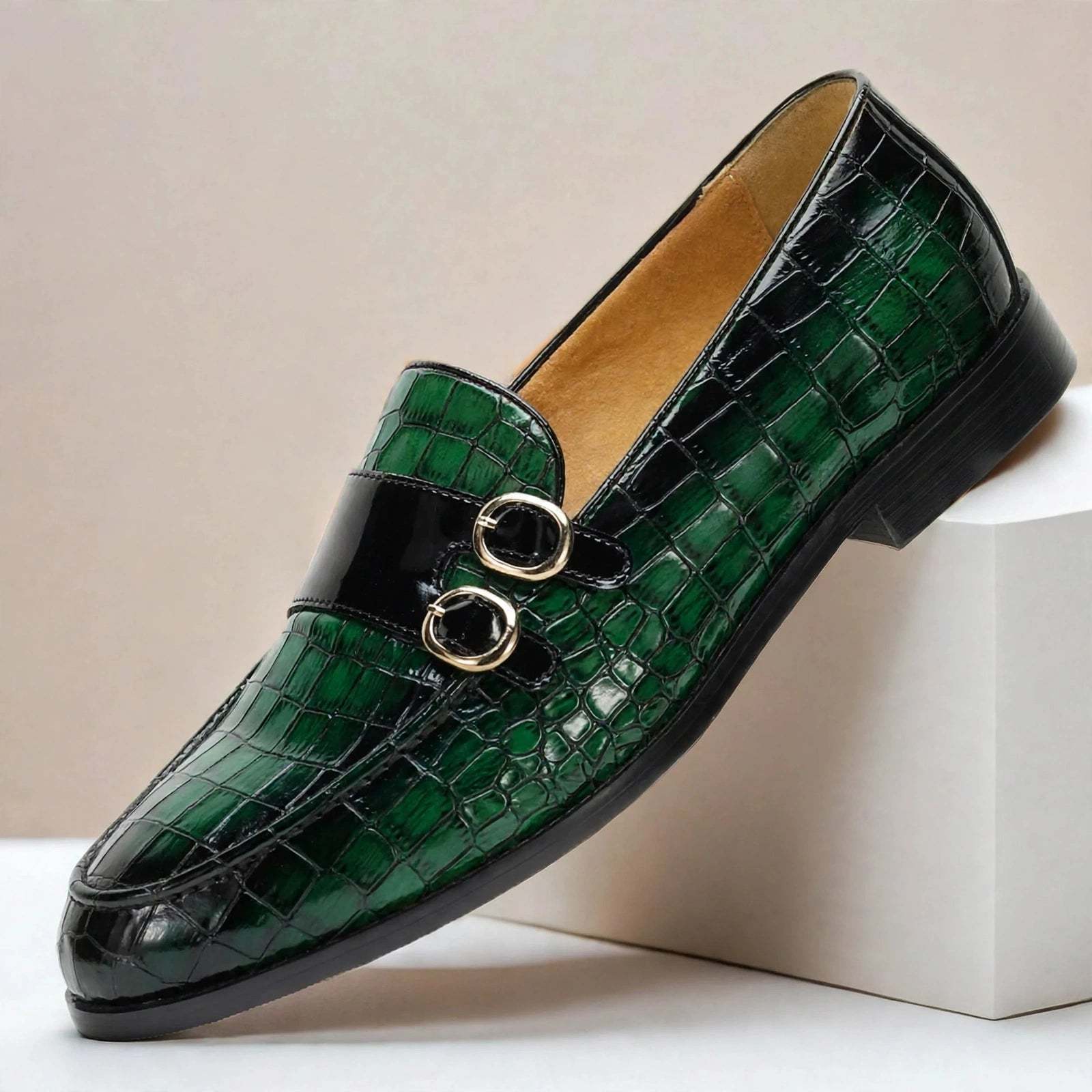 Men’s Double Buckle Embossed Loafers – Elegant Slip-On Dress Shoes, Multiple Colors