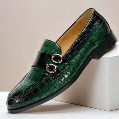 Men’s Double Buckle Embossed Loafers – Elegant Slip-On Dress Shoes, Multiple Colors