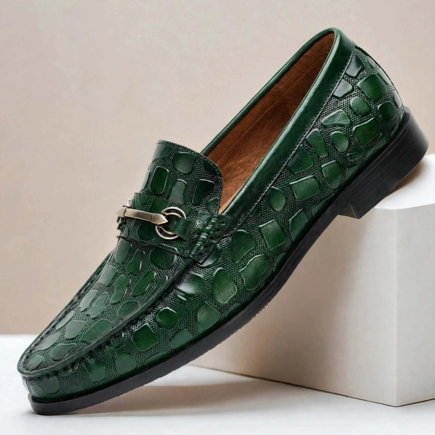 Men’s Crocodile Embossed Loafers with Gold Buckle – Multi-Color Dress Shoes
