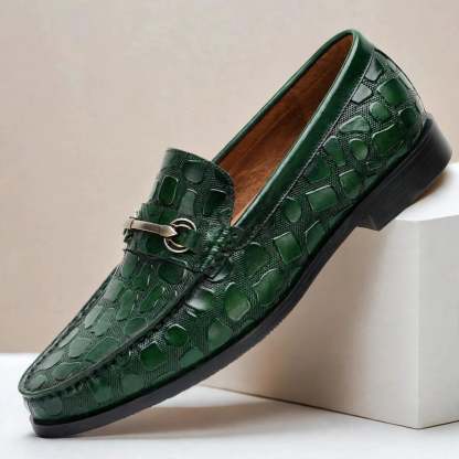Men’s Crocodile Embossed Loafers with Gold Buckle – Multi-Color Dress Shoes