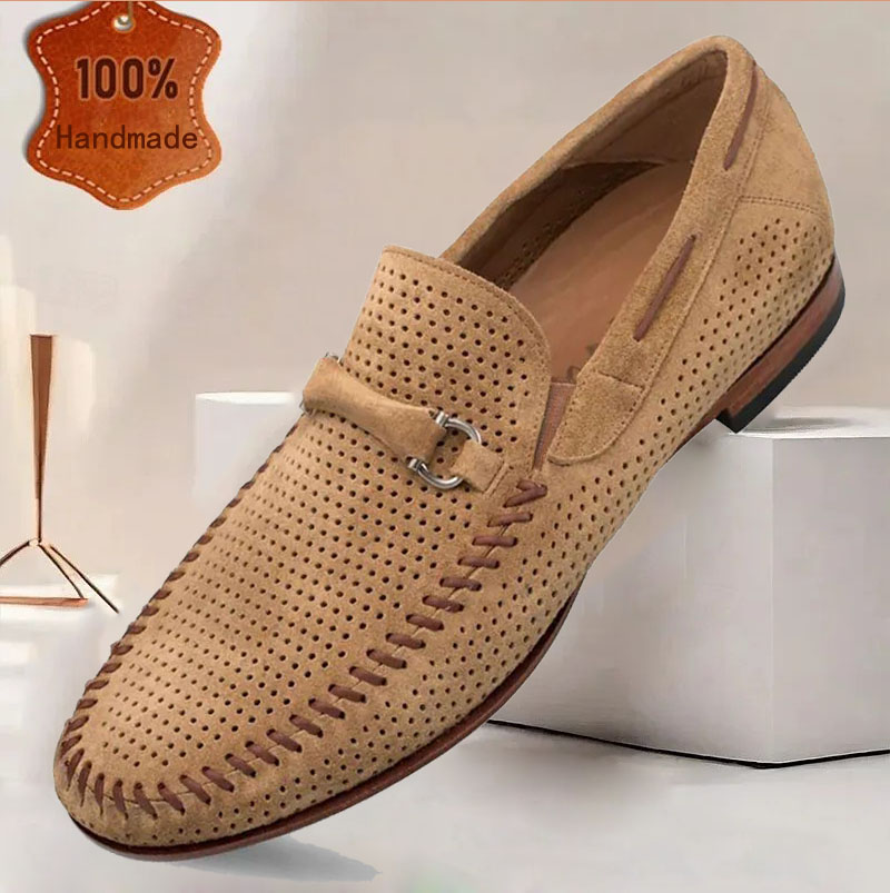 en's Brown Handmade Leather Loafers with Breathable Perforations