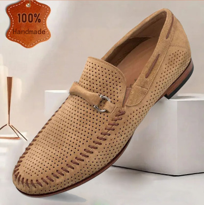 en's Brown Handmade Leather Loafers with Breathable Perforations
