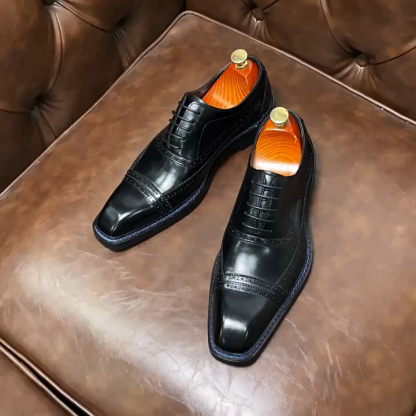 British Style Cap-Toe Brogue Leather Dress Shoes with Blue Stitching