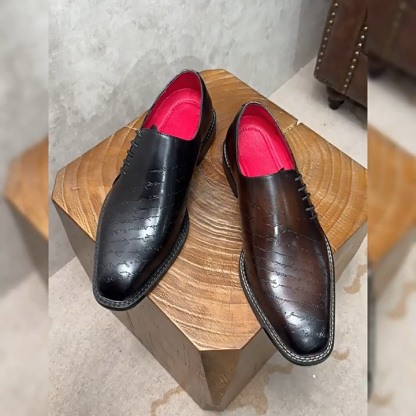 Men's Vintage Engraved Script Oxford Dress Shoes | Hand‑Polished Brown Lace‑Up Formal Leather Shoes