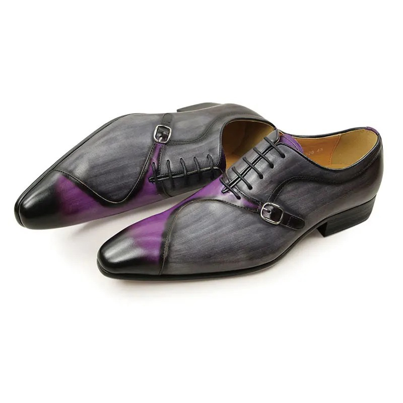 Men's handmade gradient burnt purple-grey color-blocked Oxford shoes