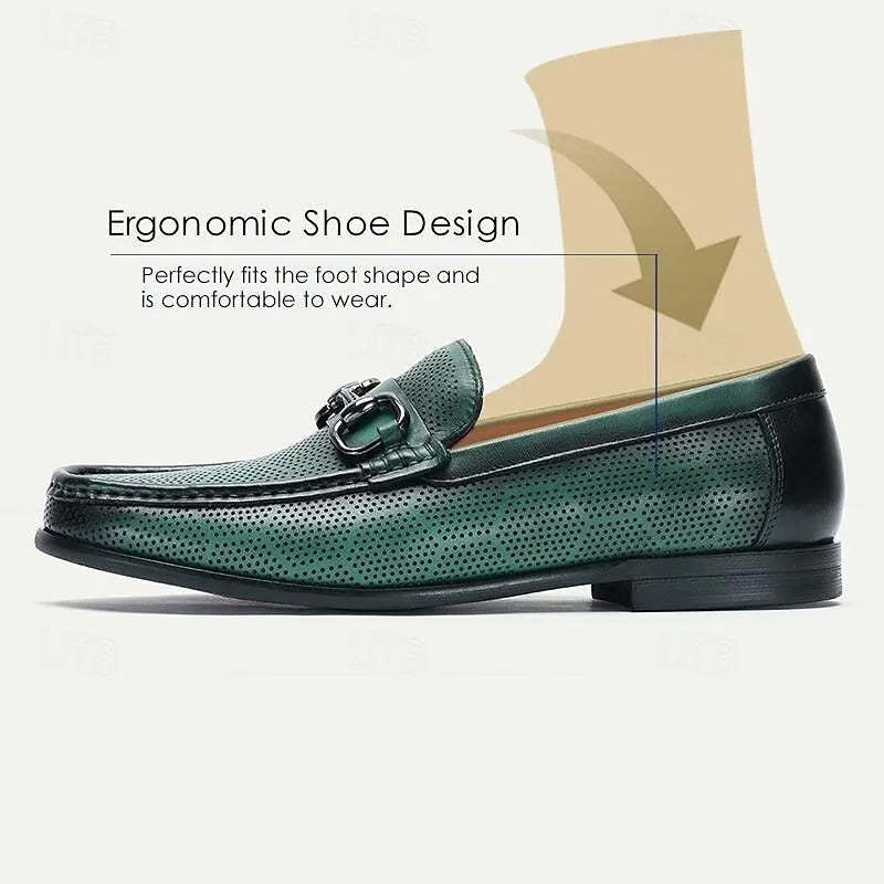 Men's Loafers Perforated Green Leather Silver Horsebit