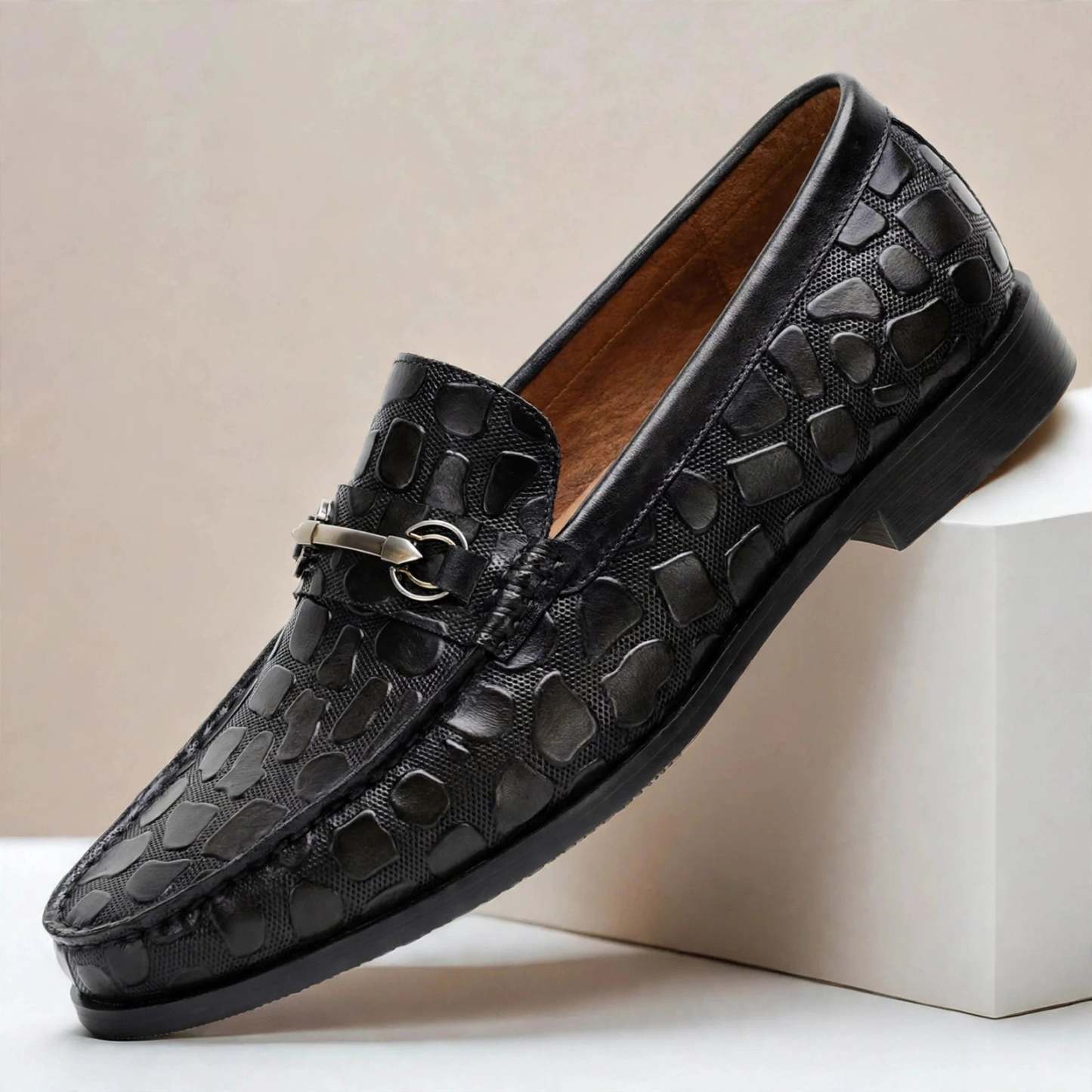Men’s Crocodile Embossed Loafers with Gold Buckle – Multi-Color Dress Shoes