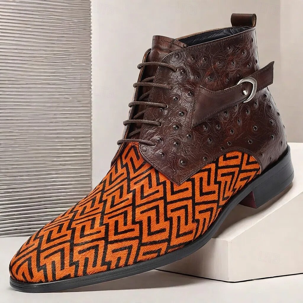 Men's Premium Cowhide Leather with Pony Hair Ankle Boots Geometric Pattern