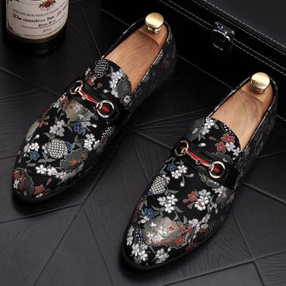 Loafers Flower Embroidery Slip On Leather Shoes