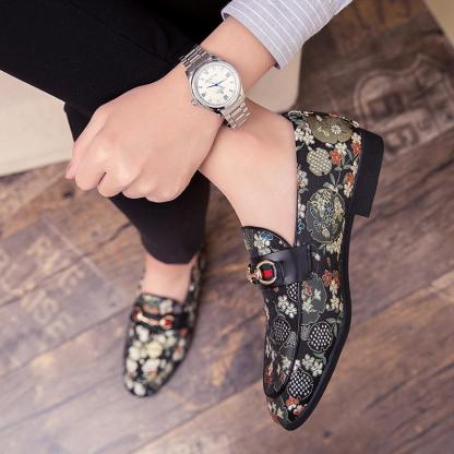 Loafers Flower Embroidery Slip On Leather Shoes