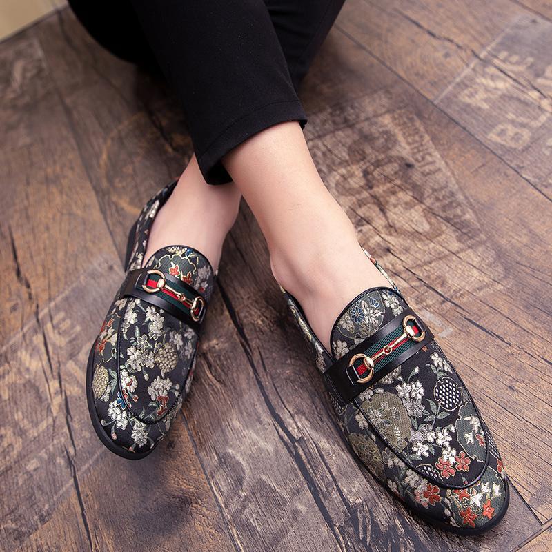 Loafers Flower Embroidery Slip On Leather Shoes