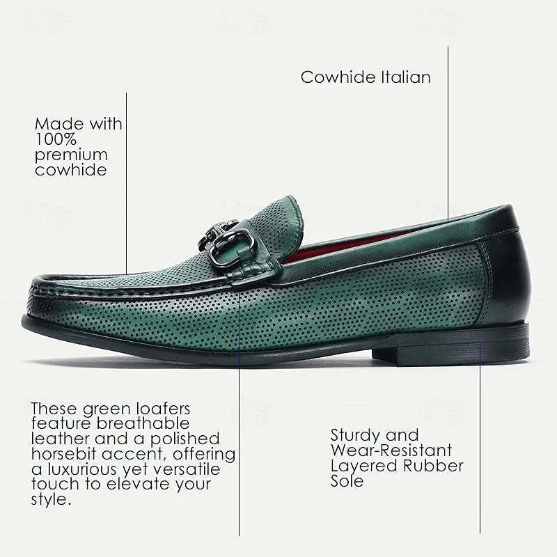 Men's Loafers Perforated Green Leather Silver Horsebit