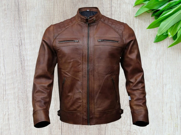 Men Vintage Brown Leather Motorcycle Jacket, Zipper Jacket,