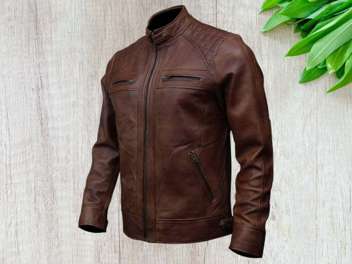 Men Vintage Brown Leather Motorcycle Jacket, Zipper Jacket,