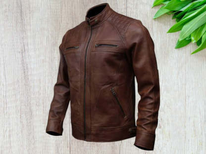 Men Vintage Brown Leather Motorcycle Jacket, Zipper Jacket,