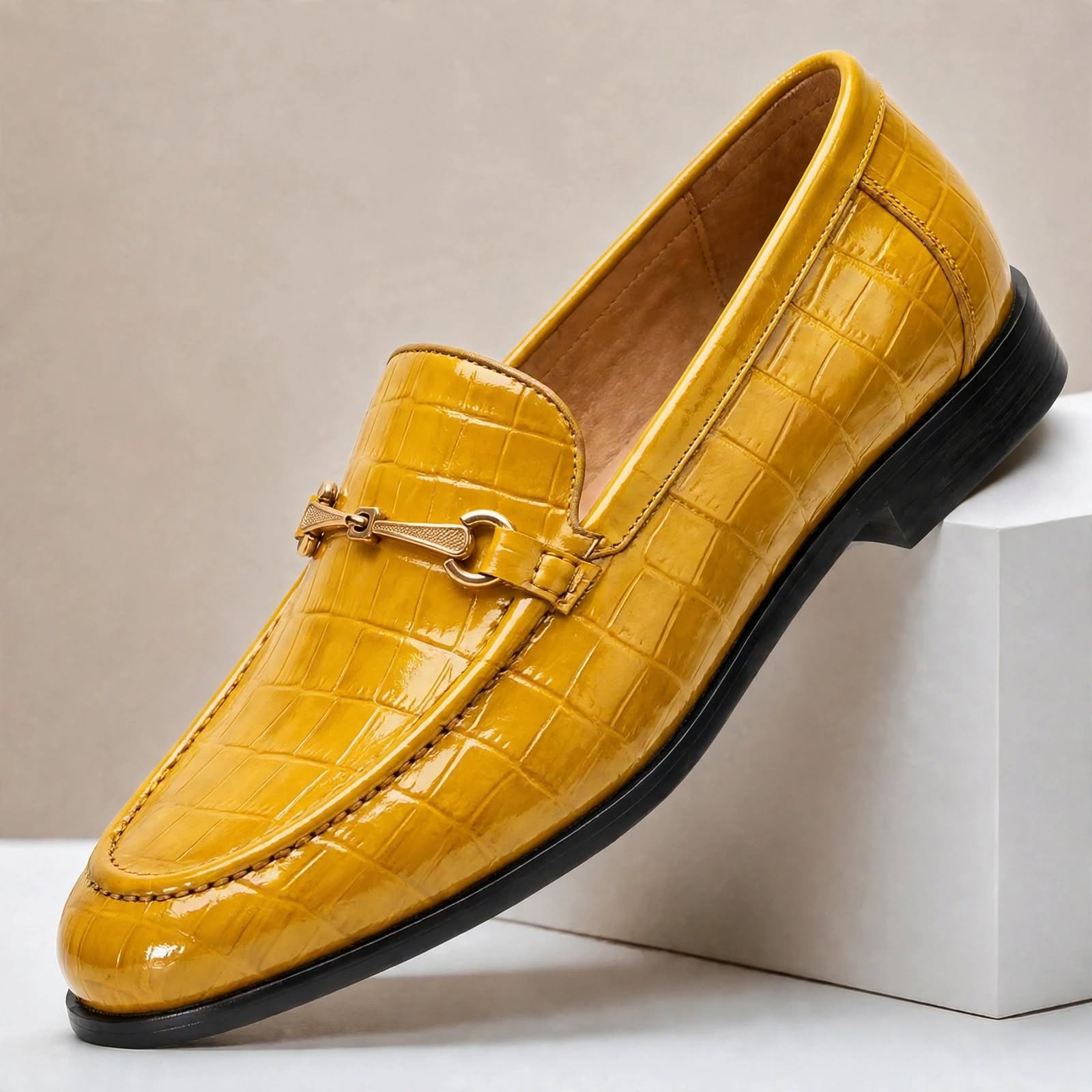 Men’s Crocodile Embossed Loafers with Gold Buckle – Multi-Color Dress Shoes